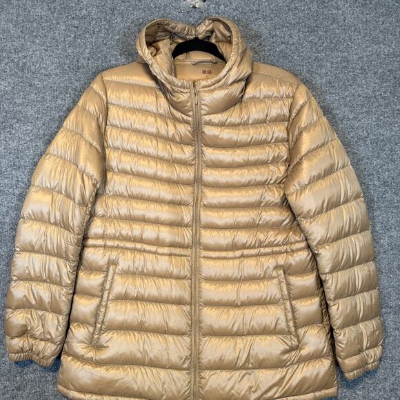 Uniqlo Jacket Womens XL Beige Ultra Light Down Puffer Zip Hooded Cinched - Picture 4 of 11